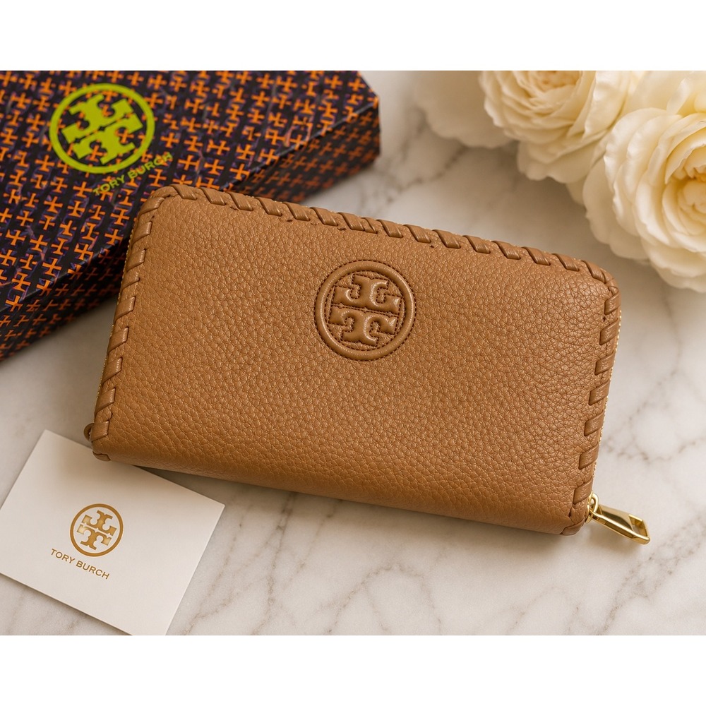 Tory Burch Marion Zip Continental Wallet Tan Pebbled Leather Whipstitch Logo